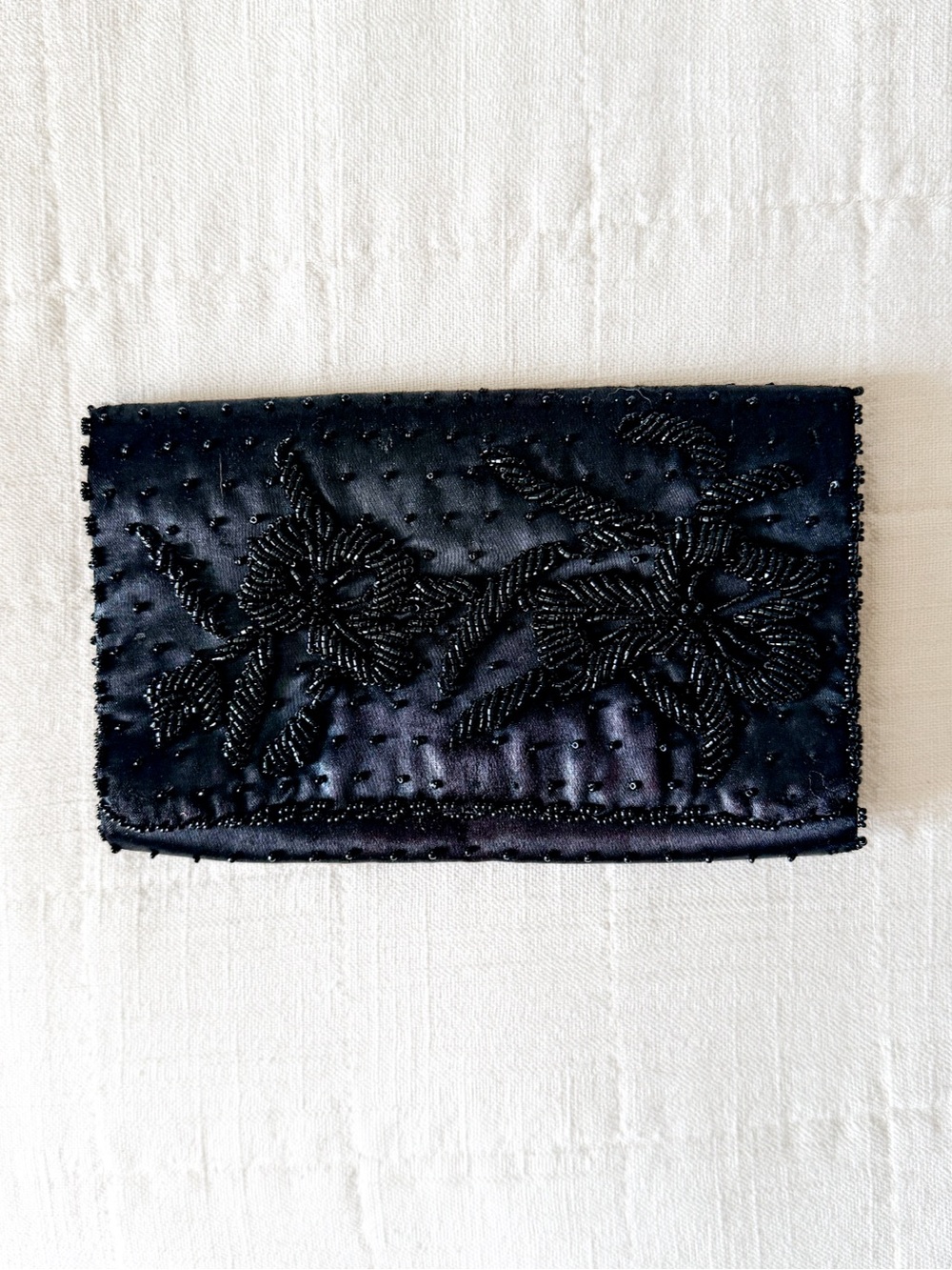Vintage Black Beaded Floral Clutch Purse Made in Hong Kong